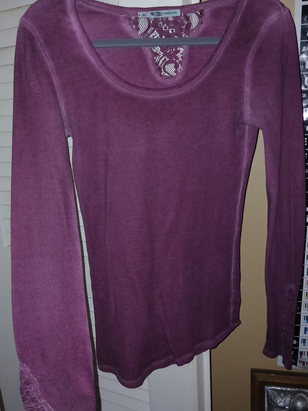 Maurices Ribbed Long Sleeve Scoop Neck Top with Lace Back - Plum